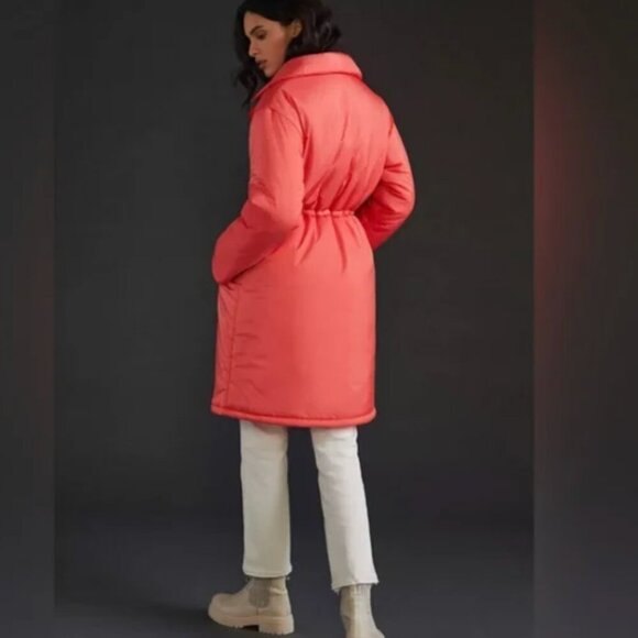 Anthropologie Maeve Coral/Pink Longline Cinched Puffer Jacket Coat Size Small - Picture 2 of 12